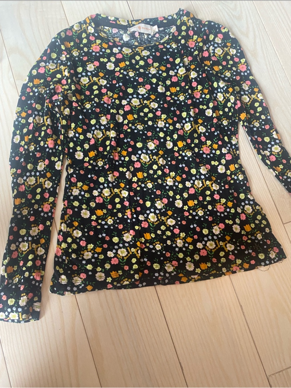 Tory Burch Black Floral Long Sleeve Tee with Pink Yellow and Green Flowers